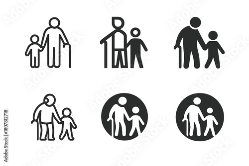 Family Connection Icons. Kids with their grandparents and elderly family members. Icon set. Set Logo of family connection: shared meal at table. harmonious
