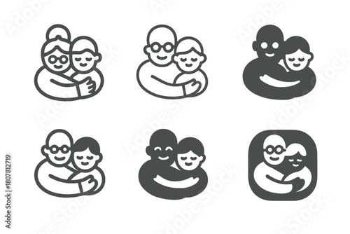 Family Connection Icons. Kids with their grandparents and elderly family members. Icon set. Set Logo of family connection: shared meal at table. harmonious