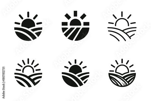 Farm Life Logo Variations. Family farm life and traditional agricultural practices. Icon set. Set Logo of crop cultivation: plowed field with sun rays.