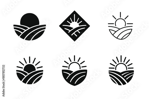 Farm Life Logo Variations. Family farm life and traditional agricultural practices. Icon set. Set Logo of crop cultivation: plowed field with sun rays.