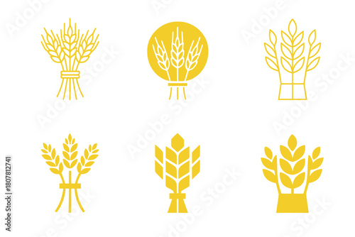 Farm Life Logos. Family farm life and traditional agricultural practices. Icon set. Set Logo of harvest: bundle of wheat stalks. harmonious logo variations of