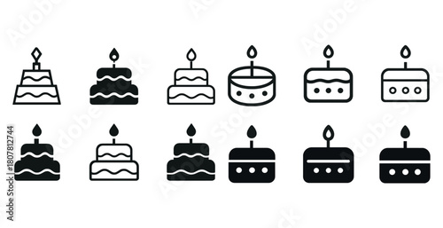 Set of cake icons with candles in black and white design