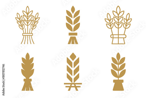 Farm Life Logos. Family farm life and traditional agricultural practices. Icon set. Set Logo of harvest: bundle of wheat stalks. harmonious logo variations of