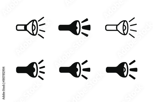 Flashlight Icon Set. How a flashlight works. Icon set. Set Logo of reflector: concave mirror. harmonious logo variations of the same emblematic concept, each