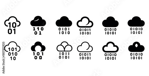 Binary cloud computing icons set with diverse designs