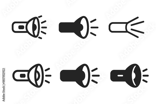 Flashlight Icon Set. How a flashlight works. Icon set. Set Logo of reflector: concave mirror. harmonious logo variations of the same emblematic concept, each