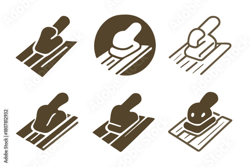 Floorboard Logo Variations. Laying down wooden floorboards. Icon set. Set Logo of laying down wooden floorboards: sanding and finishing. harmonious logo