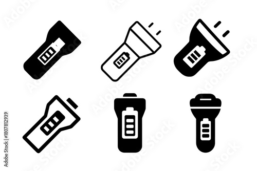 Flashlight Logo Variations. How a flashlight works. Icon set. Set Logo of flashlight structure: handheld torch. harmonious logo variations of the