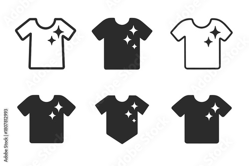 Fresh Fabric Icons. Laundry and clothing hygiene. Icon set. Set Logo of fresh fabric: t-shirt with sparkle icons. harmonious logo variations of the same
