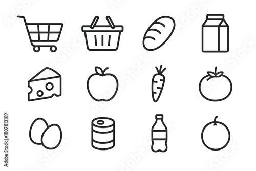 Grocery Icon Set. Grocery essentials set. Line icon set of Grocery essentials set: shopping cart, basket, bread loaf, milk carton, cheese, apple, carrot,