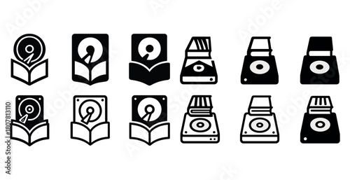 Assorted book and record player icons in black and white silhouettes