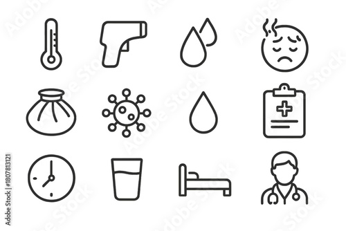 Body Temperature Icons. Body temperature. Line icon set of body temperature: thermometer, thermometer gun, sweat drop, hot face, ice pack, virus, droplet,