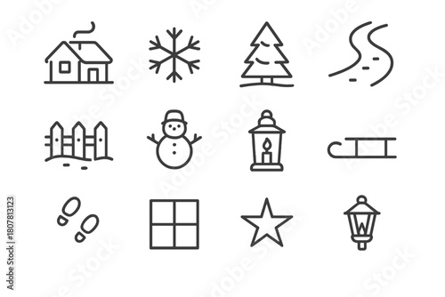 Snowy Village Icons. Snowy Village. Line icon set of Snowy Village: house, chimney smoke, snowflake, pine tree, path, fence, snowman, lantern, sled,