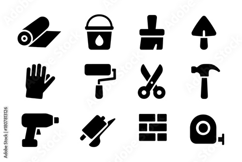 Waterproofing Icon Set. Construction waterproofing. Solid icon set of construction waterproofing: membrane roll, bucket, brush, trowel, gloves, roller,