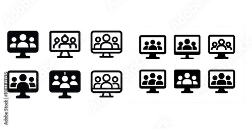 Video call icons set in black and white for virtual meetings