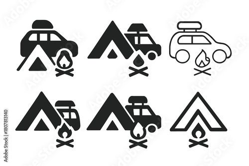 Family Trip Icons. Family car trip. Icon set. Set Logo of family car trip: tent and campfire. harmonious logo variations of the same emblematic concept, each