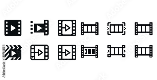 Set of black play and filmstrip icon designs for media applications