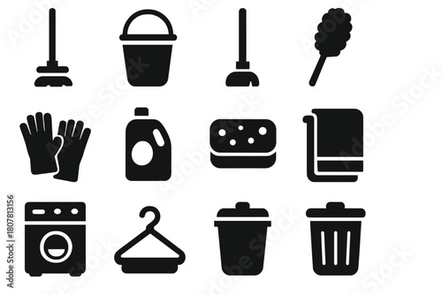 Household Chore Icons. Household chores. Solid icon set of household chores: mop, bucket, broom, duster, vacuum, gloves, detergent, sponge, towel, washing
