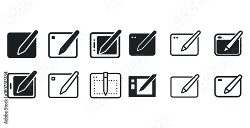 Digital drawing tablet icon set illustrations with pen stylus in various styles
