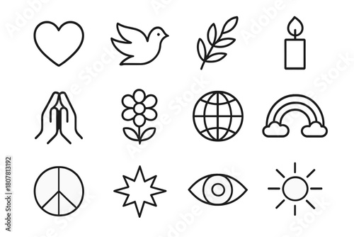 Peace and Compassion Icons. Peace and compassion. Line icon set of peace and compassion: heart, dove, olive branch, candle, hands, flower, globe, rainbow,