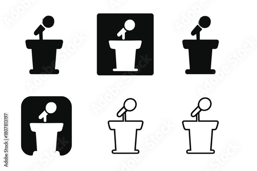 Singing Contest Icons. Auditions and casting calls for singers. Icon set. Set Logo of Singing Contest: Podium with mic. Abstract geometric, Filled silhouette,