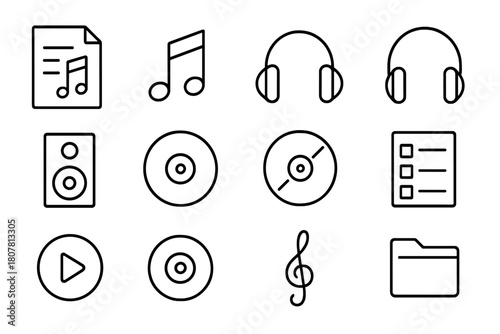 Music Icon Planner. Music planning sheet. Line icon set of Music planning sheet: sheet of paper, music note, pencil, headphones, speaker, record, CD, playlist
