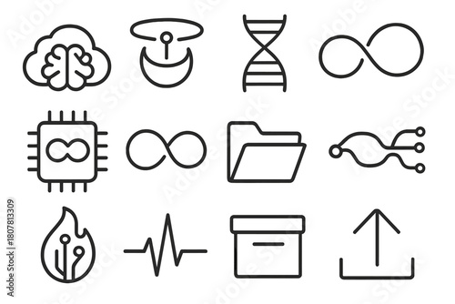 Digital Immortality Icons. Digital immortality. Line icon set of digital immortality: brain in cloud, circuit halo, DNA strand, energy loop, memory chip,