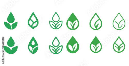 Set of green minimalist leaf and water drop icons