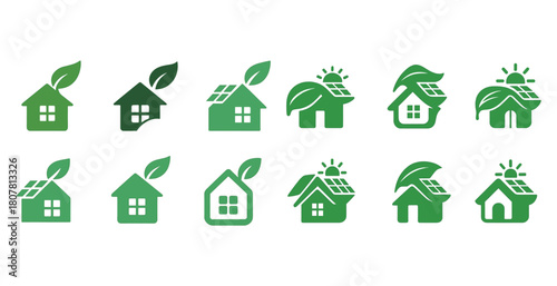 Green eco-friendly home icons with solar panels and leaf designs