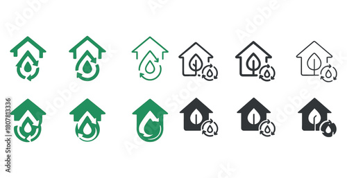 Sustainable home icons: eco-friendly symbols in green and black