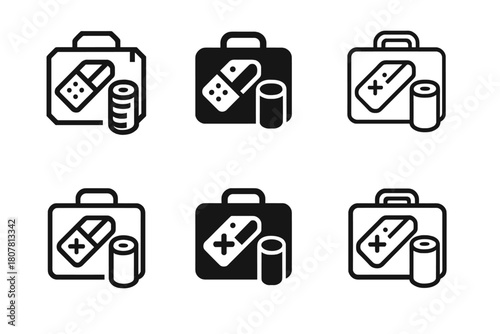 Bandages Logo Set. Bandages and gauze. Icon set. Set Logo of bandages and gauze: first-aid kit with bandage and gauze emblem. harmonious logo variations of the