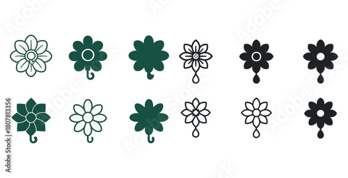 Minimalist floral icons collection: green and black flower designs