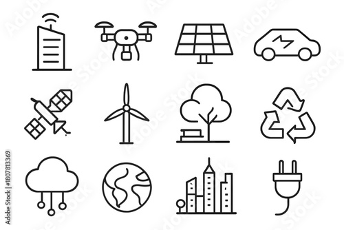 Future City Icons. Future City Vision. Line icon set of Future City Vision: smart building, drone, solar panel, electric car, satellite, wind turbine, park,
