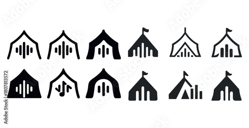 Set of twelve tent icons: monochrome vector symbols with flags and stripes