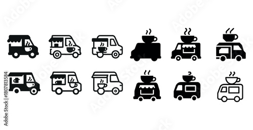 Coffee truck icons collection featuring various mobile café designs