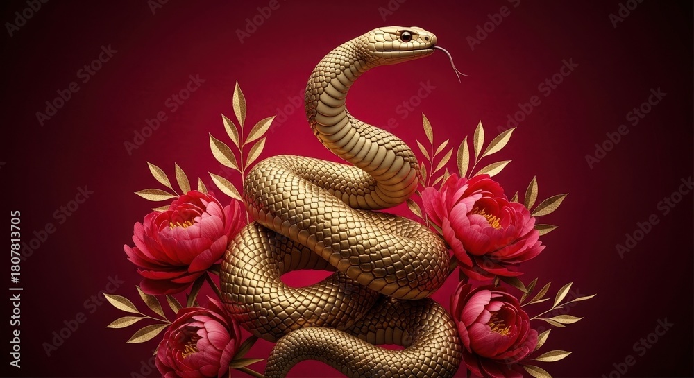 Fototapeta premium Golden snake coiled among vibrant red peonies and shimmering golden leaves on a deep red background