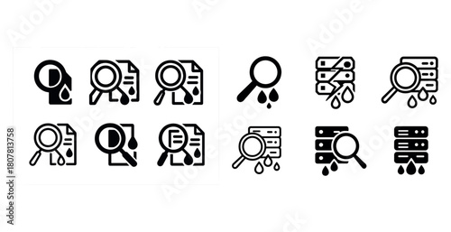Data analysis and monitoring icons collection with magnifying glass and server symbols