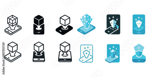 Abstract augmented reality icons on smartphone showing 3d cube and interactive maps