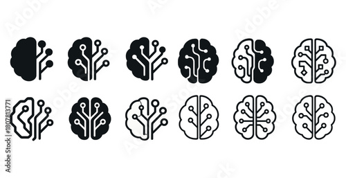 Set of black and white brain circuit icons symbolizing ai and technology