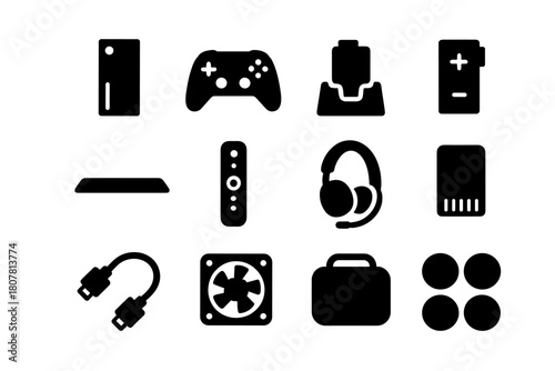 Console Accessories Icons. Console Accessories. Solid icon set of Console Accessories: console, gamepad, charging dock, battery pack, console stand, media