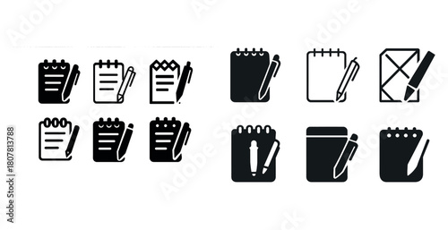 Set of notebook and pencil icons in various styles and designs