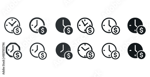 Set of clock and dollar sign icons representing time management and financial planning