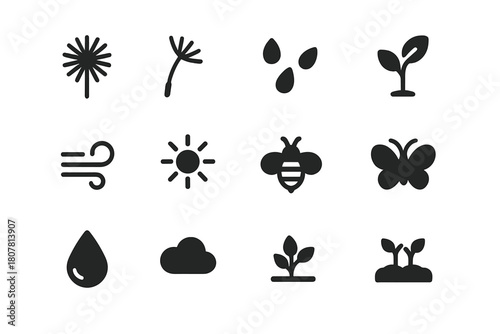 Nature Growth Icons. Nature growth. Solid icon set of Nature growth: dandelion, seed puff, seeds, leaf, stem, wind, sun, bee, butterfly, dew drop, cloud,