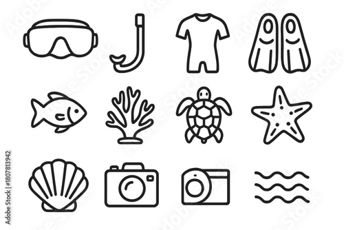 Snorkeling Icon Set. Snorkeling adventure. Line icon set of Snorkeling adventure: snorkel mask, fins, snorkel tube, wetsuit, flippers, fish, coral, sea turtle,