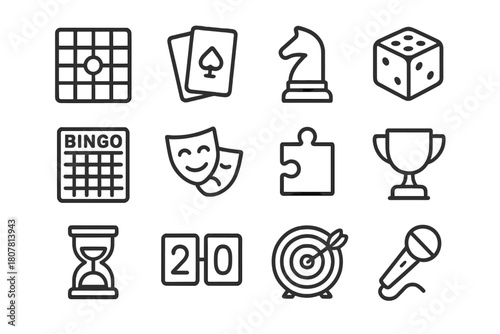 Game Icon Collection. Games and activities. Line icon set of games and activities: board game, playing cards, chess piece, dice, bingo card, theater mask,