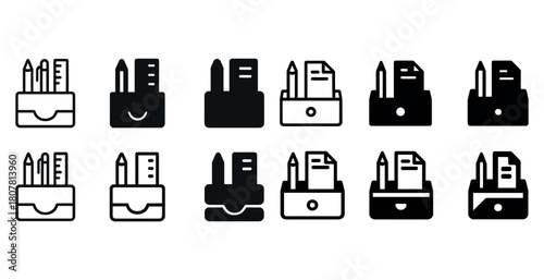 Set of office supplies icons: pencil, ruler, file organizer in black and white