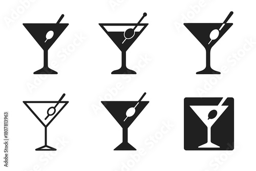 Alcohol Icon Variations. Alcohol. Icon set. Set Logo of alcohol: martini glass with olive. harmonious logo variations of the same emblematic concept, each with