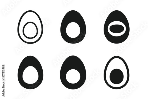 Boiled Egg Logos. Boiled eggs. Icon set. Set Logo of Boiled eggs: Whole boiled egg. harmonious logo variations of the same emblematic concept, each with
