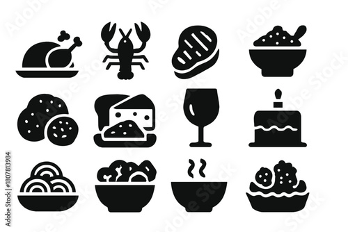 Opulent Meal Icons. Opulent Meal. Solid icon set of Opulent Meal: roasted turkey, lobster, steak, caviar, truffle, cheese platter, wine glass, chocolate cake,
