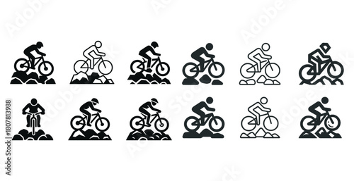 Mountain biking icons set featuring cyclists on rocky terrain